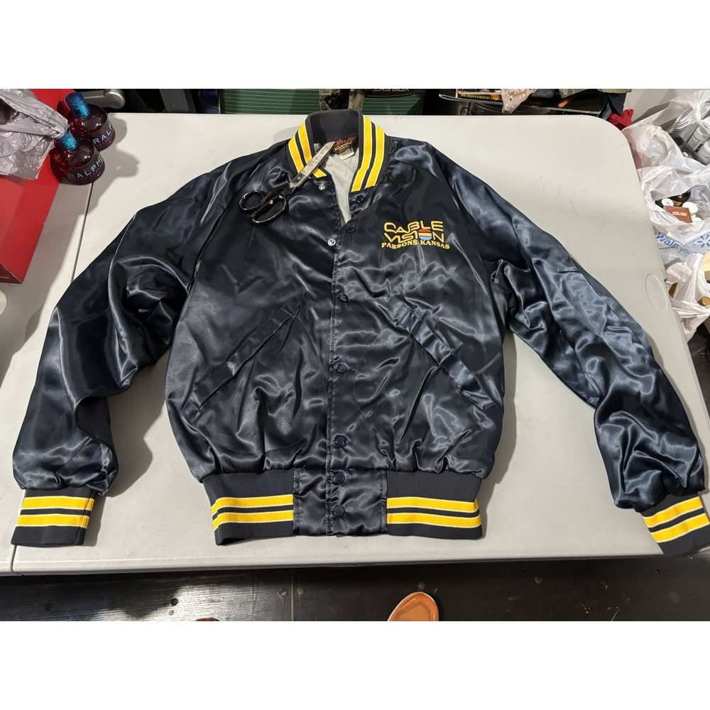 Vtg Black Satin Jacket M Cablevision Parsons Kansas Jacket